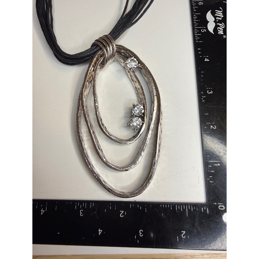 Silver Tone Hammered Triple Oval Rhinestone Pendant Multi Strand Cord Necklace